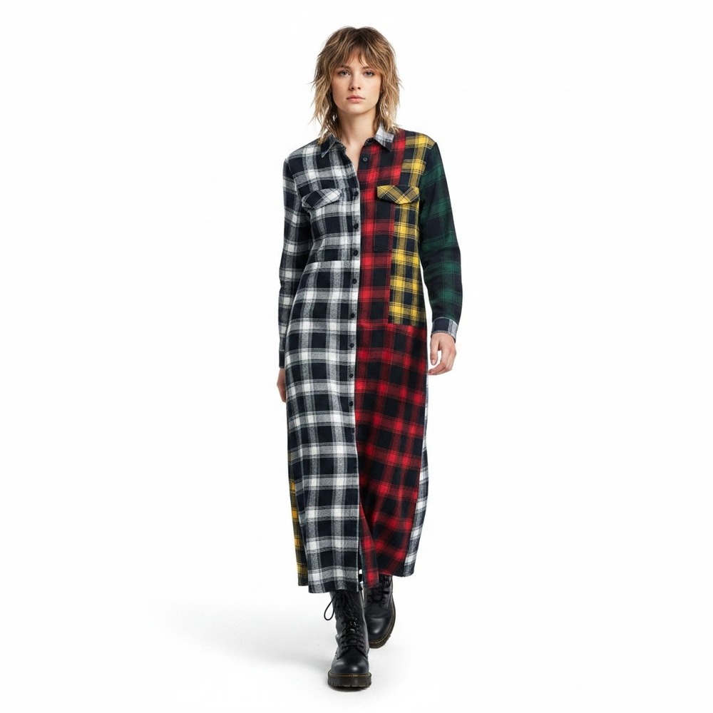 Grunge Colorblock Plaid Asymmetric Maxi Shirt Dress Duster Long Sleeve L Multi